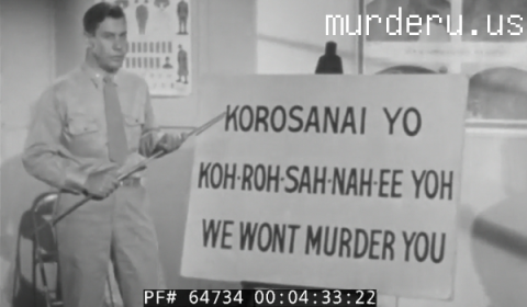 A United States Army instructor teaching the viewer to say 'korosanai yo' - 'we won't murder you'.